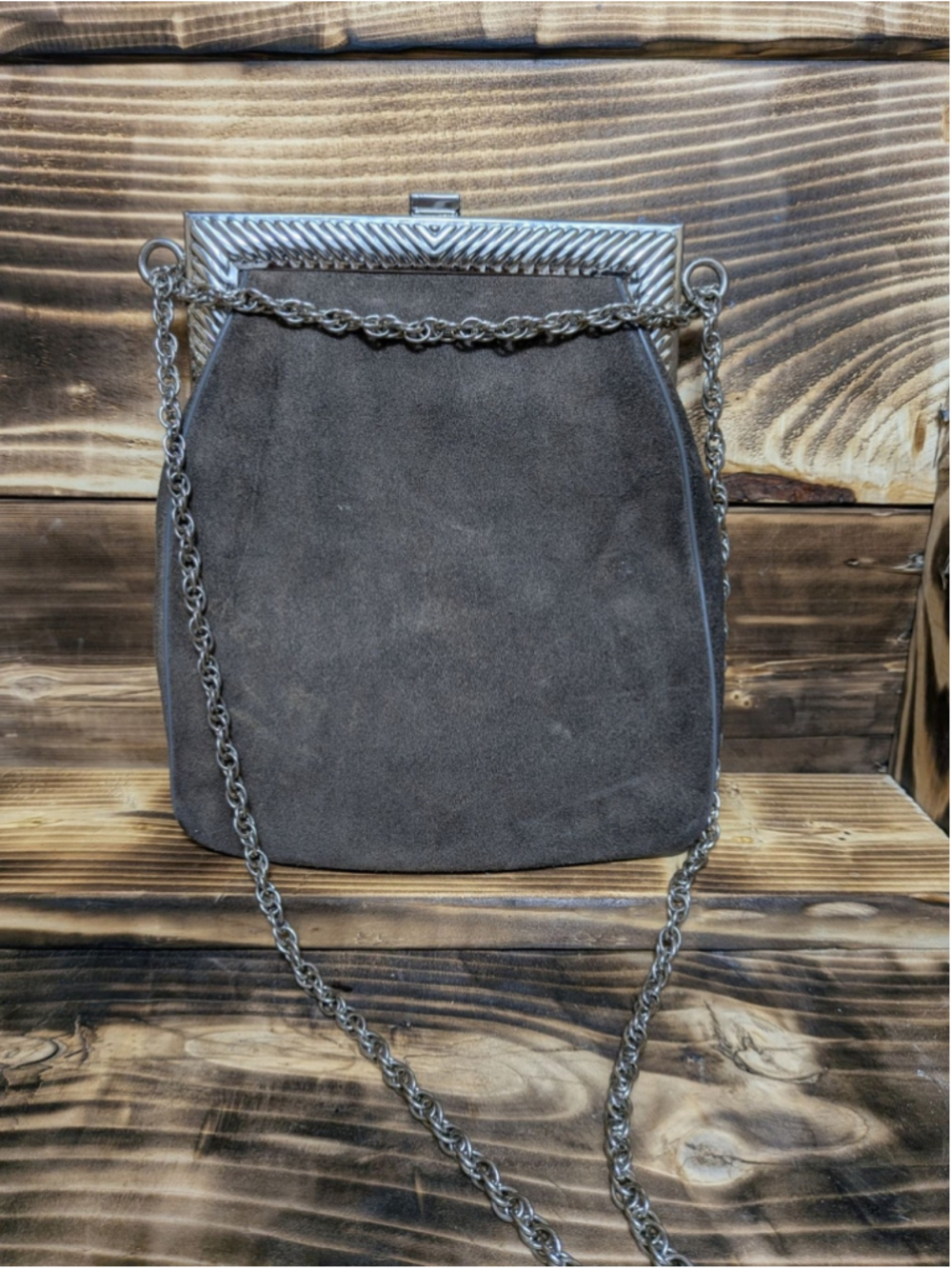 Vintage Triangle Suede Shoulder Bag Womens Small Brown Chain Strap Metal Frame